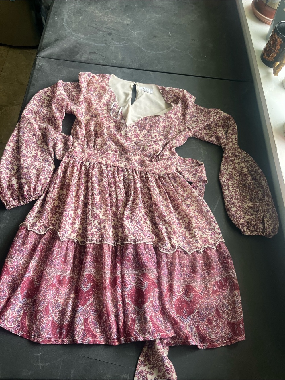 J.O.A. Long-Sleeve Floral Tiered Dress in Mauve